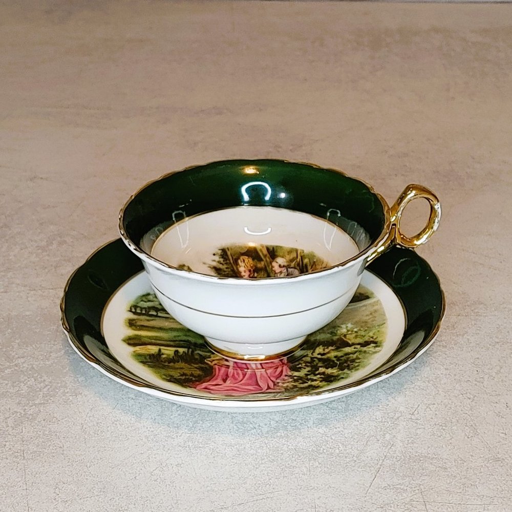 Regency Bone China Love Story Tea Cup and Saucer Green Border Love Story England